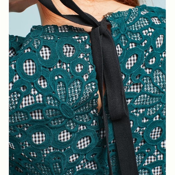 Anthropologie Maeve Elegant Teal Lace Gingham Women Top - Picture 4 of 10